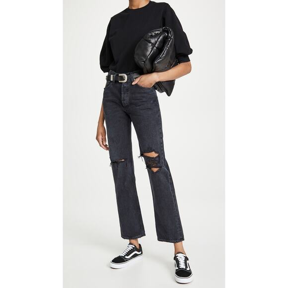 Agolde Lana Distressed Midrise Straightleg Jeans - 24 - Black